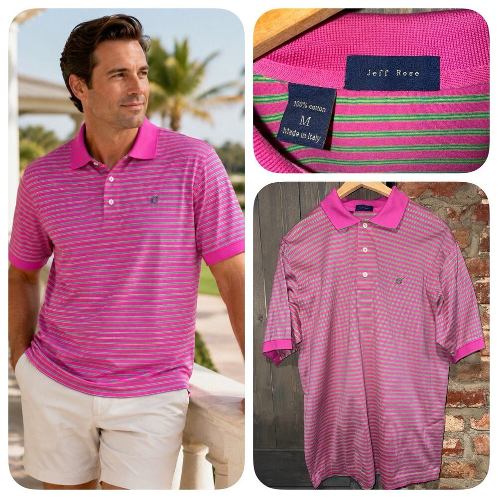 Jeff Rose Polo Shirt Mens M Made Italy Mercerized Cotton Pink Green Stripe